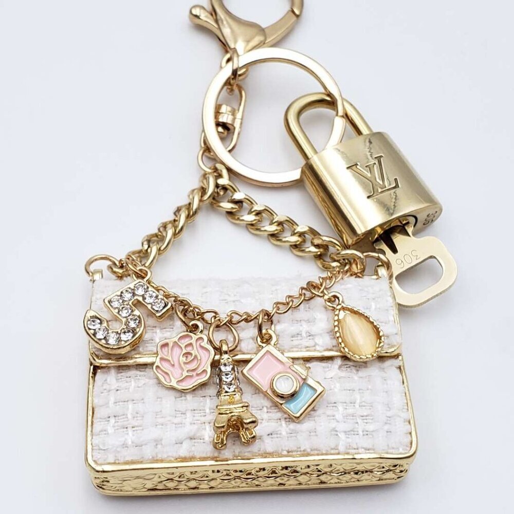 Authentic Louis Vuitton Padlock & Key Gold ✨Unbranded Tweed Bag Charm Keychain - Picture 6 of 8